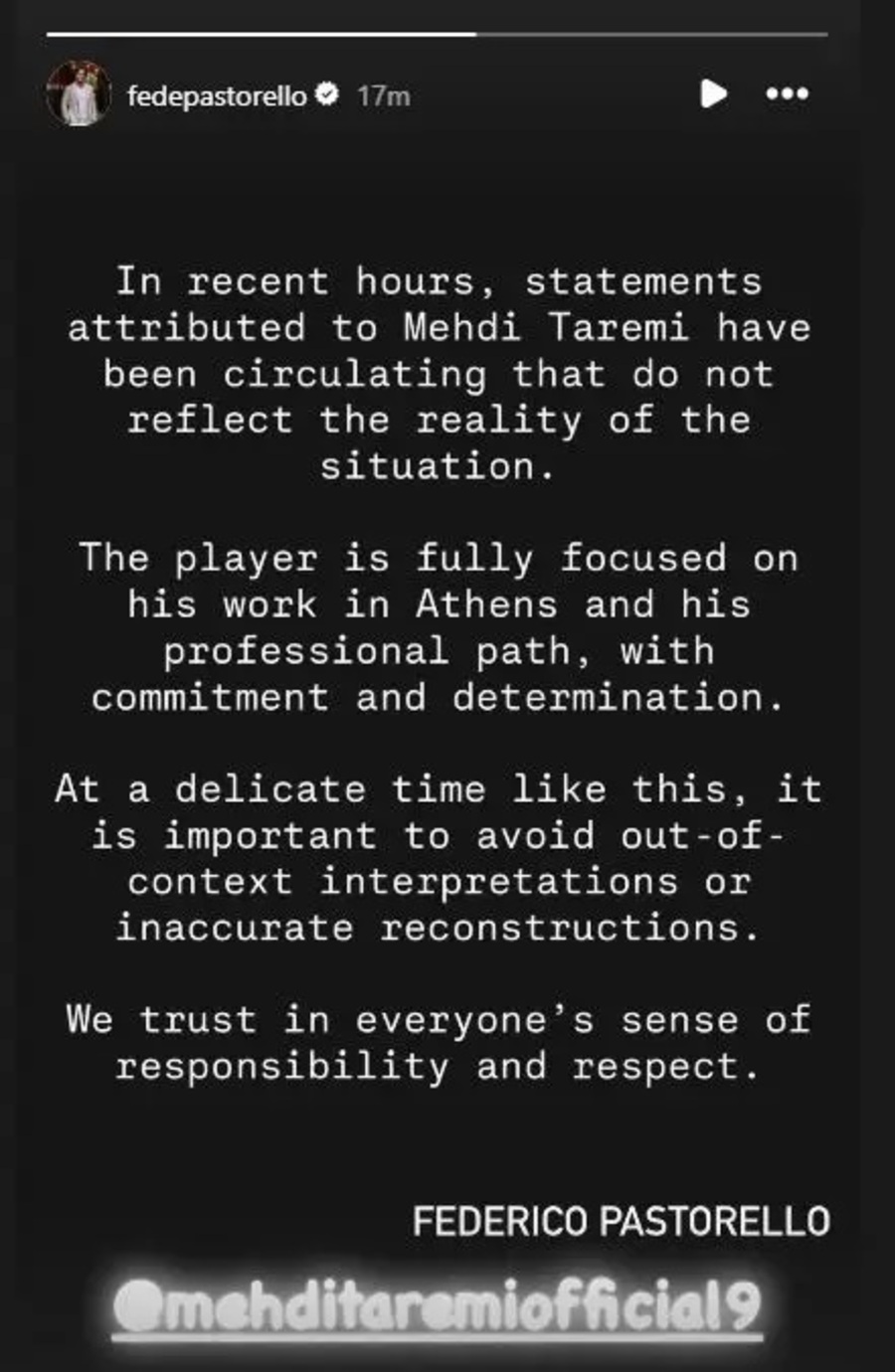 Μάνατζερ Ταρέμι: «Ο παίκτης είναι πλήρως συγκεντρωμένος στη δουλειά του στην Αθήνα»