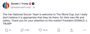 Τραμπ: «Για το καλό των παικτών της, η Εθνική Ομάδα του Ιράν δεν πρέπει να συμμετάσχει στο Μουντιάλ»