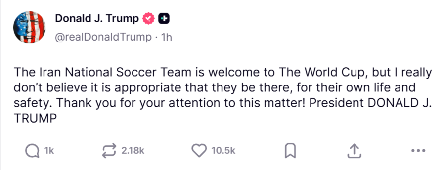Τραμπ: «Για το καλό των παικτών της, η Εθνική Ομάδα του Ιράν δεν πρέπει να συμμετάσχει στο Μουντιάλ»